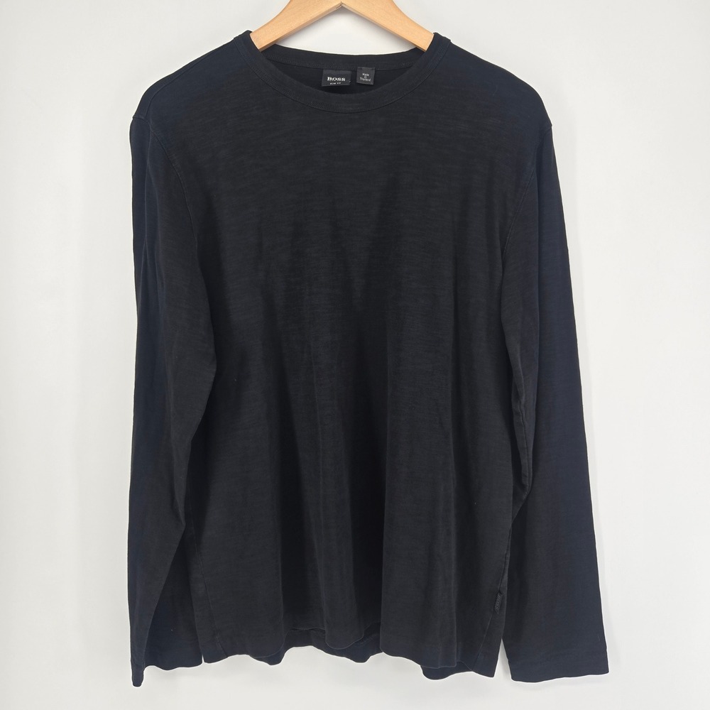 BOSS Hugo Boss Shirt Mens XL Black Slim Fit Long Sleeve Crewneck Slub Tee